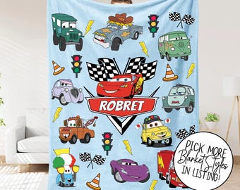 Spersonalizowany kocyk z postacią Disneya Auta, spersonalizowany kocyk dla dziecka z imieniem Zygzak McQueen, prezent na baby shower, wystrój domu Disneya, spersonalizowane Auta
