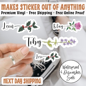 Personalized Birth Month Flower Sticker/Car Magnet, Custom Teacher Name Decal, Personalized Laptop Sticker, Water Bottle Name Sticker