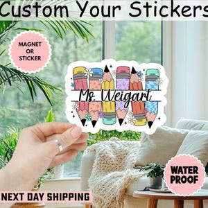 Pencil Teacher Custom Name Sticker/Car Magnet, Water Bottle Stickers, Personalized Kids Sticker, Personalized Stickers For School