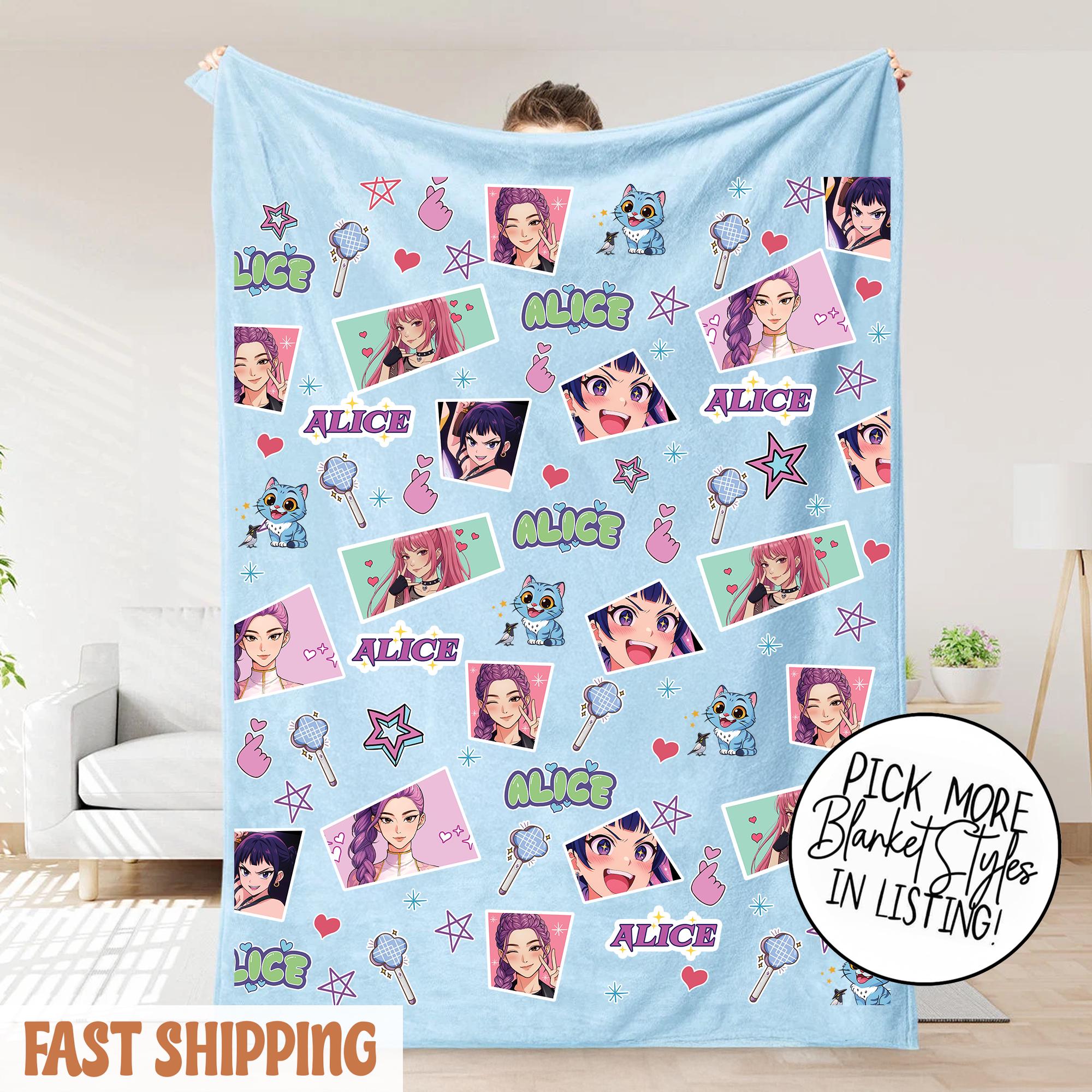 Discover Personalized Huntrix Girls Blanket, Custom Name K-Pop Demon Hunter Blanket, Huntrix Kpop Demon Blanket