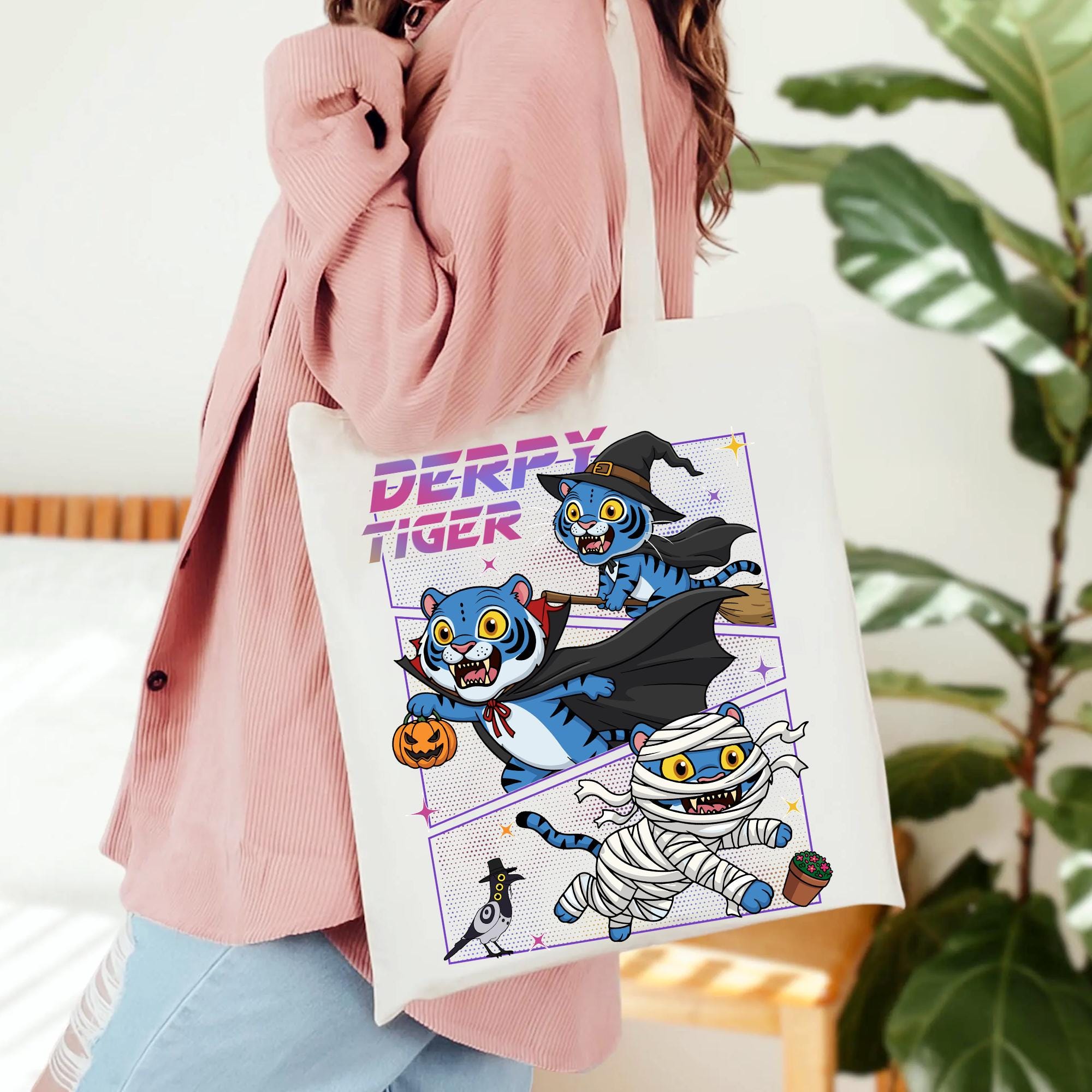 Halloween Tiger Derpy Kpop Demon Hunter Tote Bag, Kpop Demon