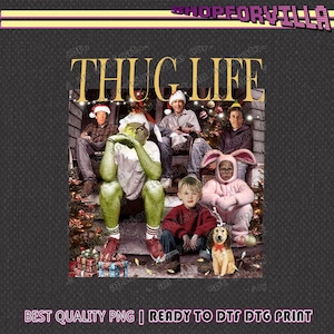 May include: A humorous image featuring a group of people dressed in Christmas-themed costumes, including the Grinch and a bunny, with the text "THUG LIFE" at the top. The image includes a small dog and wrapped gifts.