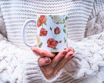 Floral Coffee Mug, Rose Flower Coffee Mug Gift Idea, Flower Gift Ideas, Rose Mug, Ceramic Mug 11oz