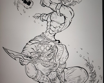 May include: Black and white line art illustration of two figures in a fighting pose. One figure is holding a curved blade and the other is holding a straight sword. The figures are surrounded by swirling lines and dots.
