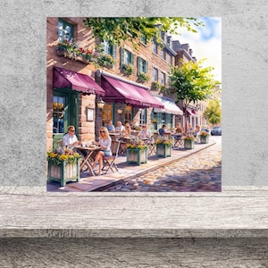 Outdoor Cafe Quebec City Montreal Canada Watercolor Wall Art Travel Print Sidewalk Cafe Downtown Quebec Historical City View Instant Print