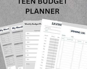 Puede incluir: Un conjunto de planificadores de presupuesto de papel blanco sobre un fondo gris. El texto "TEEN BUDGET PLANNER" está en la parte superior. Los planificadores incluyen secciones para ingresos, gastos, ahorros y un registro de gastos.