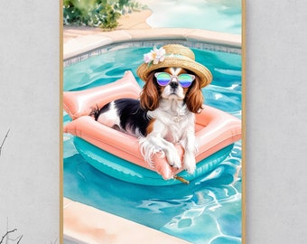 Impresión de Cavalier Spaniel para piscina: Arte de acuarela canina de verano (descarga digital)