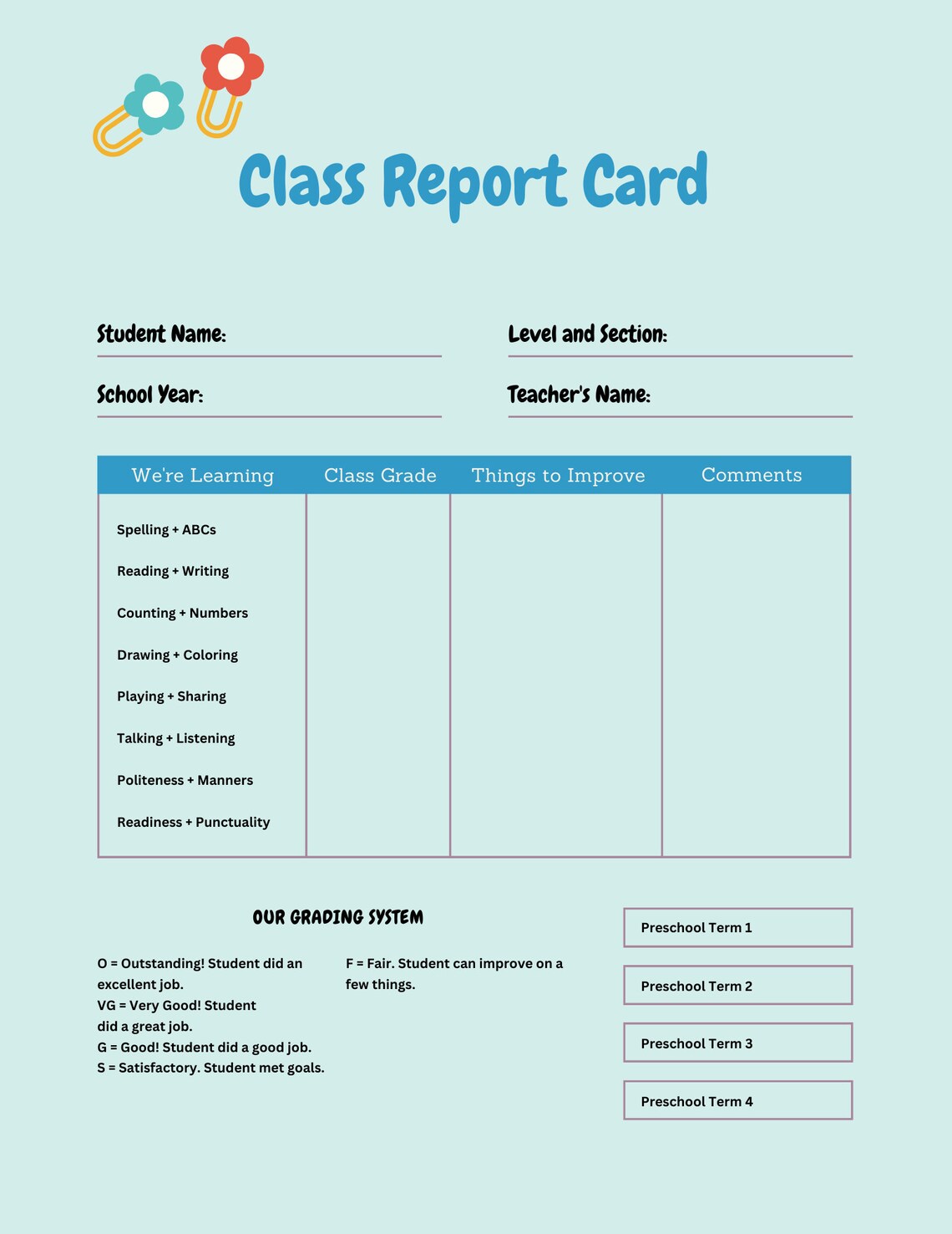 Preschool Report Card Kindergarten Progress Report Homeschool Simple ...