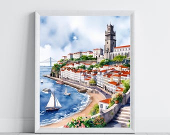 Lisbon Portugal Watercolor Print: Belem Tower Travel Art (Digital Download)