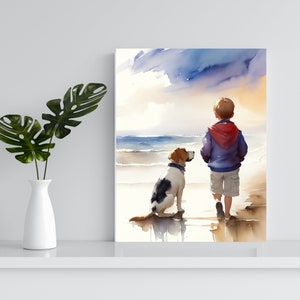 Niño pequeño y su perro Día de impresión de arte en la playa Impresión instantánea Niño pequeño y su amigo de confianza Ocean View Art Housewarming Regalo para él