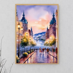 Budapest Hungary Watercolor Wall Art Downtown City Evening View Instant Print European Wall Art Hungary Old World Charm Housewarming Gift