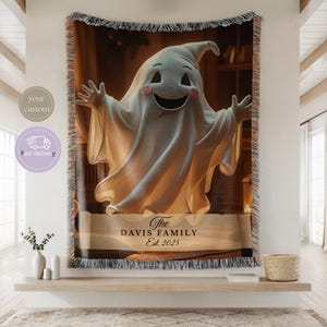 Cozy Ghost Woven Blanket, Fall Patchwork Reading Throw, 100% Cotton Tapestry