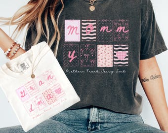 Personilizer Grandma Mama Shirt, Mama Komfort Farbe, Benutzerdefinierte Namen Mimi Nana mit Enkelkindern, übergroßes Mama T-Shirt, blau rosa Bögen Shirt,