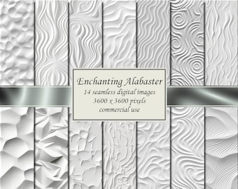 Könnte beinhalten: Eine Sammlung von 14 nahtlosen digitalen Bildern mit verschiedenen weißen Alabaster-Texturen. Die Texturen umfassen geometrische, wellenförmige und wirbelnde Muster. Das Bild enthält auch den Text "Enchanting Alabaster" und "3600 x 3600 Pixel kommerzielle Nutzung."