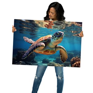 Enchanting Encounter: HD Metal Print Showcasing Loggerhead Turtle Surrounded by a Coral Reef