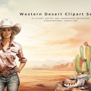 Ensemble de 100 cliparts du désert occidental, cow-boys, serpents, chevaux, bottes, chapeaux, canyon, selle, violon, aquarelle, à usage commercial, Far West, PNG