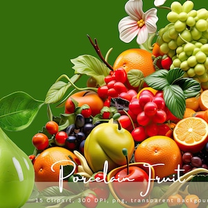 15 clipart de frutas em porcelana, vidro, brilhante, brilhante, fotorrealista, gráficos, maçãs, uvas, laranja, tigela, para uso comercial, transparência, png