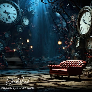 Könnte beinhalten: Eine surreale, dunkle Waldszene mit einem roten Sofa und einer Treppe, die zu einem Thron führt. Der Wald ist voller Uhren und leuchtender Laternen. Der Text "Wonderland" ist auf dem Boden geschrieben.