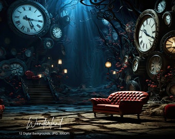 12 Wonderland inspired digital backgrounds, Alice, White Rabbit, Childrens Story, Clock, Queen, Whimsical fantasy, Fairytale, commercial use