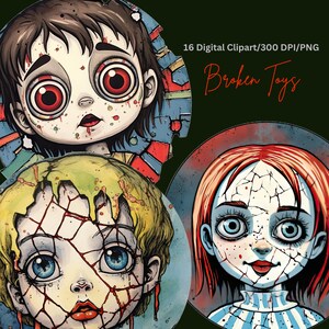 16 przerażających gotyckich starych zepsutych zabawek Clipart | Halloween Digital Art, brzydkie zaburzone wiktoriańskie lalki, do użytku komercyjnego, png, 300 dpi