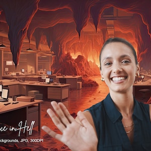 May include: A woman smiles and waves in front of a digital illustration of an office in a fiery cave. The text "Office in Hell" is written in cursive at the bottom of the image. The text "12 Digital Backgrounds, JPG, 300DPI" is also written at the bottom of the image.