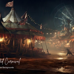 Op de afbeelding: Een donkere en griezelige kermisscène met een groot reuzenrad op de achtergrond. De kermis is verlicht met lichtslingers en lantaarns. Er zijn verschillende tenten met rood-wit gestreepte luifels. De grond is nat en modderig. De tekst "Haunted Carnival" is in wit op een zwarte achtergrond geschreven.