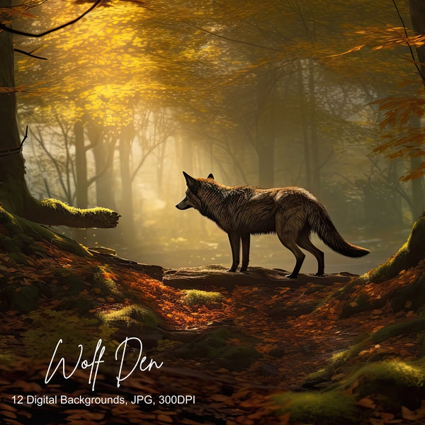 12 Wolves Den Digital Backgrounds, Zoom Teams Skype Discord streaming, Photography, Foxes forest, autumn winter, nature trees, commercial
