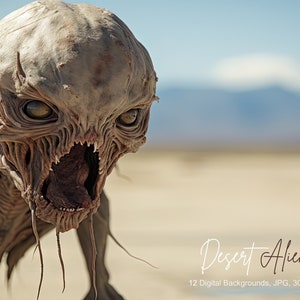 12 Desert Alien Digital Backgrounds, UFO, Arid dry, Space Invaders, Creepy Creatures, Zoom Twitch Discord backdrops, destroyed planet