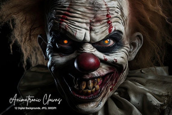 12 Animatronic Clowns Digital Backgrounds, Horror Gothic, Carnival Circus, Evil, Demonic Bad, For Commercial Use, 300 DPI, JPG, Creepy,