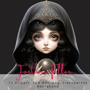 12 Halloween Whimsical Fortune Teller Clipart, Gráficos digitales mágicos, Misterioso, Gótico, Vintage, para uso comercial, descarga instantánea