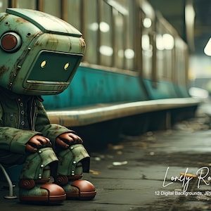 12 fondos digitales de pequeños robots solitarios, mecánicos, depresión triste, baja fidelidad, de inspiración japonesa, oxidados, sucios, para uso comercial, JPG
