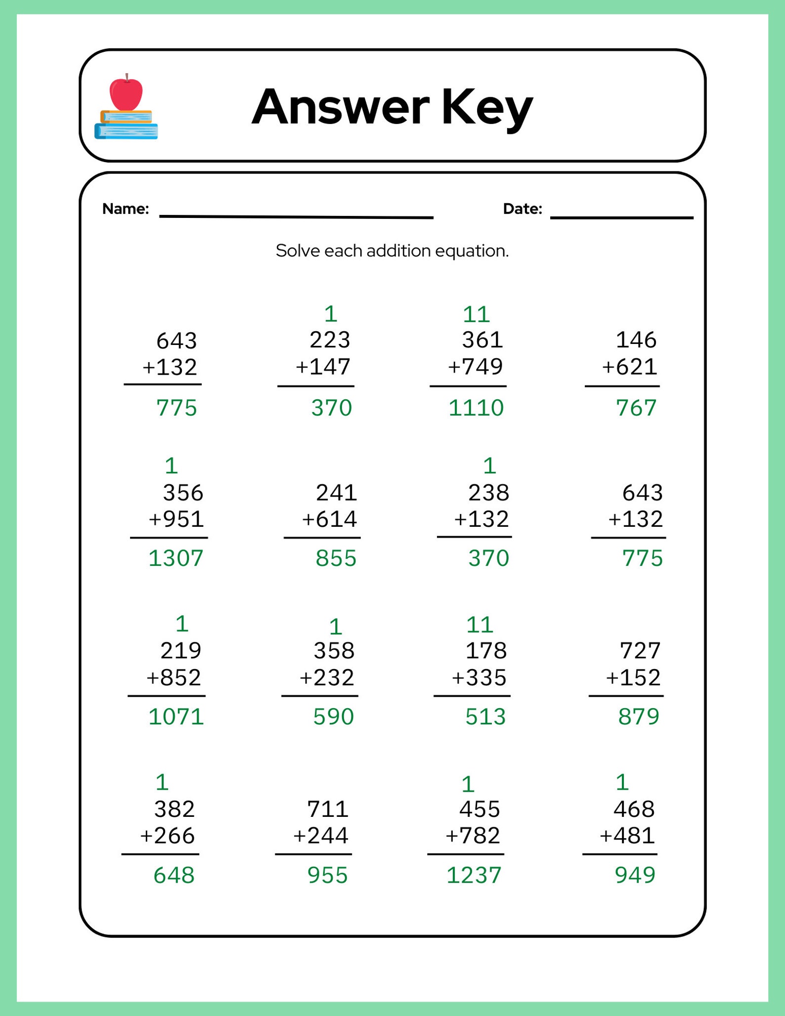 3 Digit Addition Worksheet Etsy