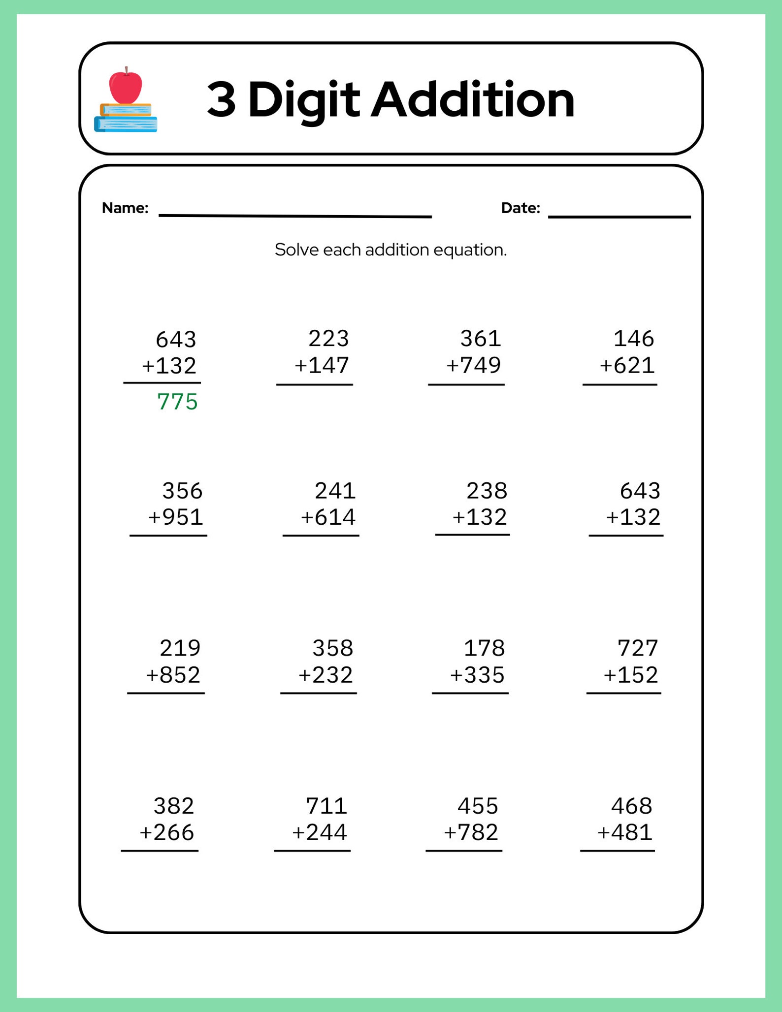 3 Digit Addition Worksheet Etsy 3 Digit Addition Worksheet Etsy