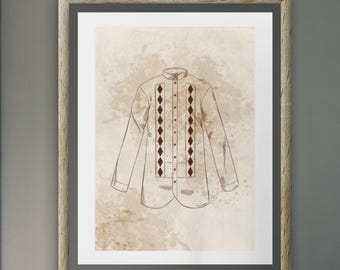 May include: A framed print featuring a sketch of a jacket with diamond-shaped accents. The artwork is in shades of brown and beige, set against a textured background. The frame is a light wood color, and the print is displayed on a gray wall.