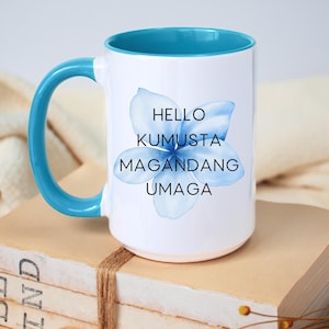 Mug philippin - Hello Kumusta Magandang Umaga - Cadeau tagalog, tasse en céramique fleurs bleues des Philippines, cadeau pour amateur de café, tasse pour la fête des mères