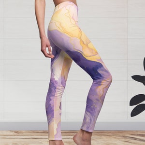 Watercolor Purple Yellow Yoga Pants, Abstract Leggings, Cute Yoga Pants, Spandex Leggings, Printed Leggings, Printed Yoga Pants