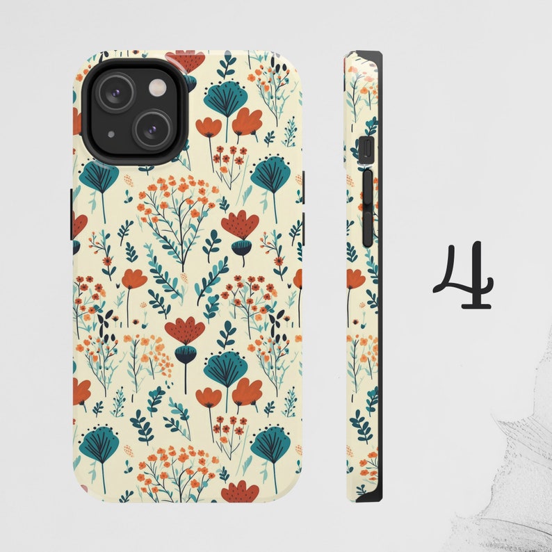 May include: A phone case with a floral pattern featuring red, orange, and blue flowers on a cream background. The case has a cutout for the camera lens.