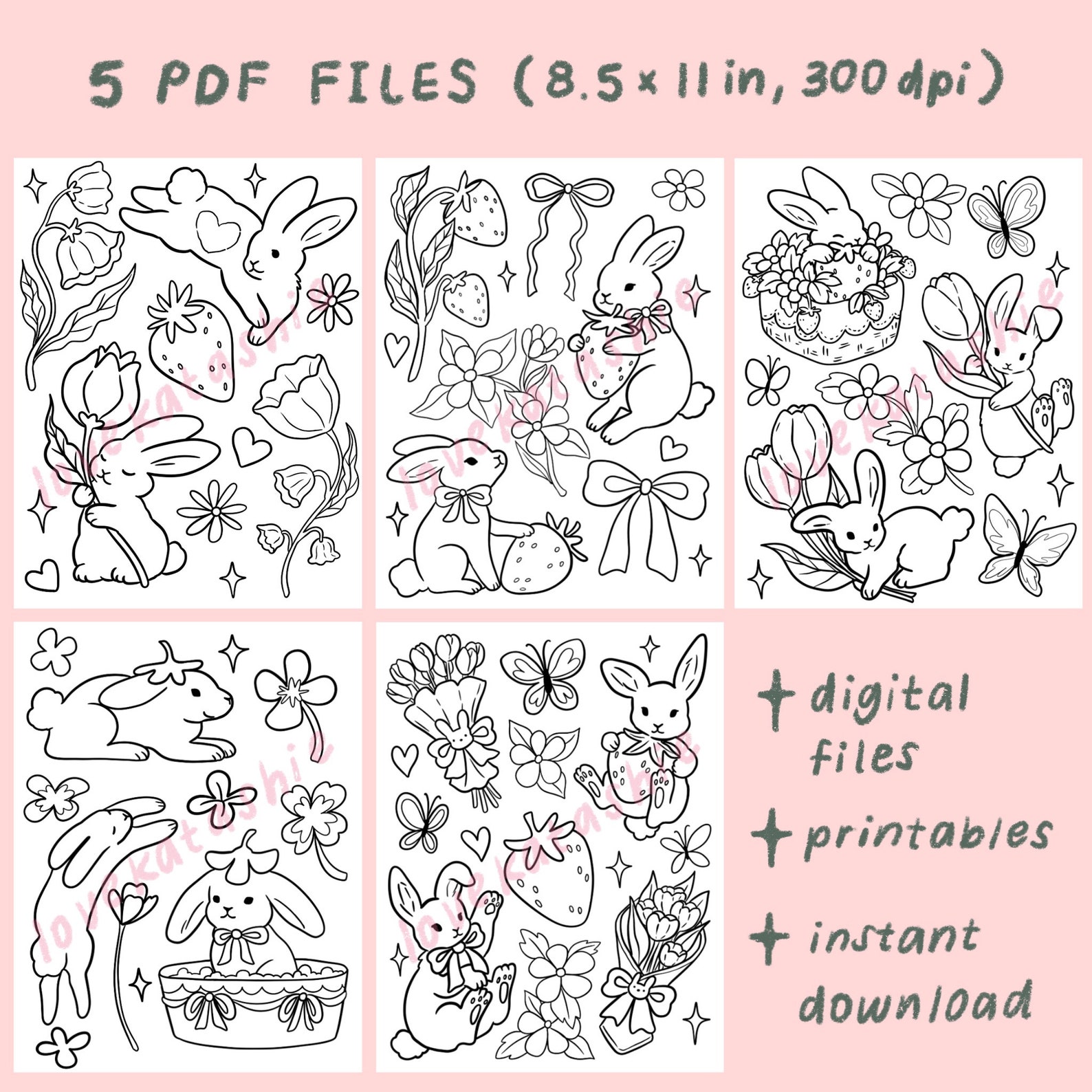 Bunny Coloring Page Set, Cute Coloring Pages, Printable Coloring Pages
