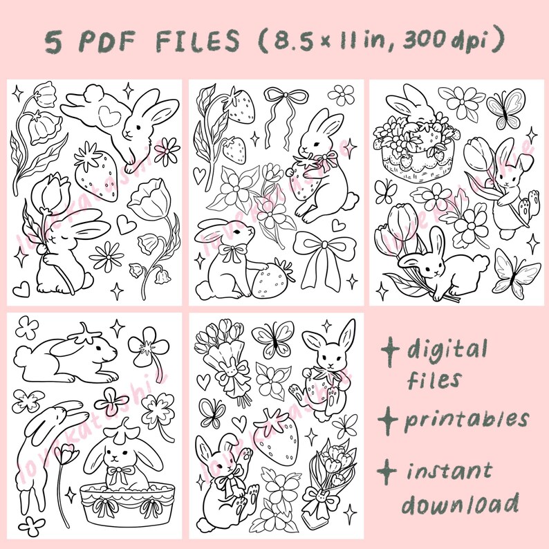 Bunny Coloring Page Set, Cute Coloring Pages, Printable Coloring Pages ...