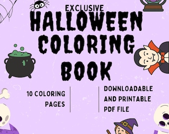 May include: A purple Halloween coloring book cover with the text "Exclusive Halloween Coloring Book." Includes illustrations of a spiderweb, cauldron, vampire, witch, and pumpkins. The book has 10 coloring pages and is a downloadable PDF file.