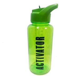 May include: A green plastic water bottle with a flip top lid and a black label that says "ACTIVATOR".