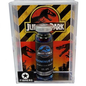 May include: A clear vial with a silver cap, filled with blue liquid, is displayed in a clear plastic case. The vial has a label that reads "Jurassic World" and "Indominus Rex Hybrid DNA Sample." The background features a "Jurassic Park" logo.