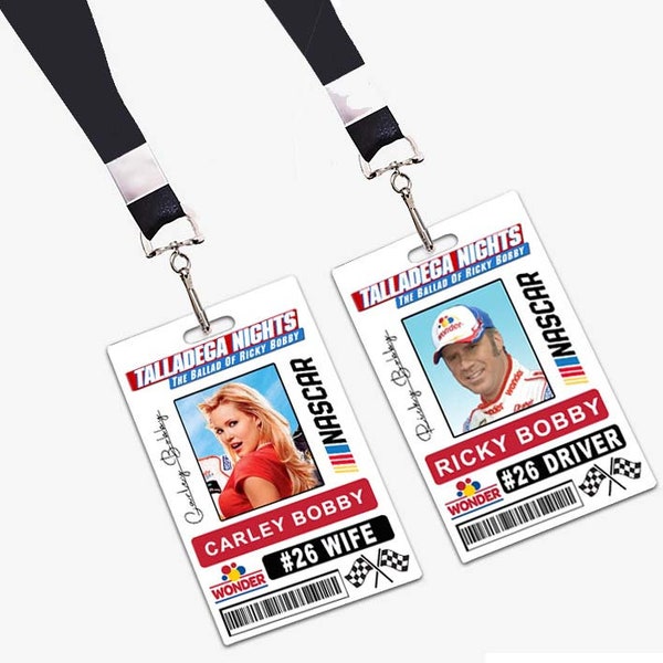 Talladega Nights Ricky Bobby & Carley Bobby Race Car Driver ID Badges set of 2 Lanyards PVC