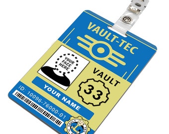 May include: A blue and yellow Vault-Tec ID badge with a clear plastic clip. The badge features the Vault-Tec logo, the text "VAULT-TEC", "VAULT 33", and space for a photo and name. The ID number is 10096-76000-01.