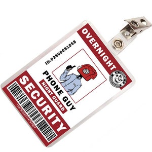 May include: A red and white plastic ID badge with the text "OVERNIGHT" and "SECURITY" printed on it. The badge features a cartoon illustration of a person with a red phone for a head. The text "PHONE GUY" and "NIGHT GUARD" is printed on the badge. The badge has a barcode and the ID number "ID:02500081058".