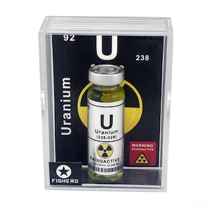 Bottiglia di fiala di uranio con scatola da collezione espositiva Scherzo nucleare radioattivo divertente