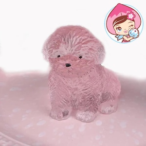 Puede incluir: Una figura de perro rosa translúcido con una superficie texturizada. El perro pequeño está sentado, con la cabeza y el cuerpo en forma de caniche. El fondo es de color rosa claro. Un logotipo de dibujos animados está en la esquina superior derecha.