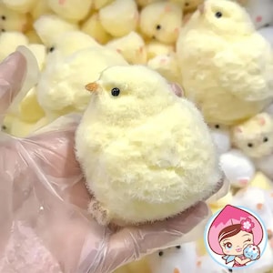 Può includere: Un soffice pulcino di peluche giallo, con un piccolo becco arancione e occhi neri. Il pulcino è tenuto in una mano guantata, circondato da altri pulcini di peluche simili. Il tema è la Pasqua o la primavera.