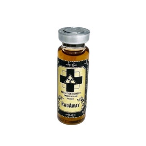 May include: A small glass bottle with a silver cap and a yellow label. The label has a black cross with a radiation symbol inside and the text "RADIATION REMEDY EMERGENCY AID PACKET RADAWAY".