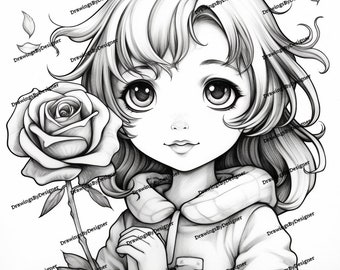 Cute Girl Coloring Page Grayscale Instant Download Printable File